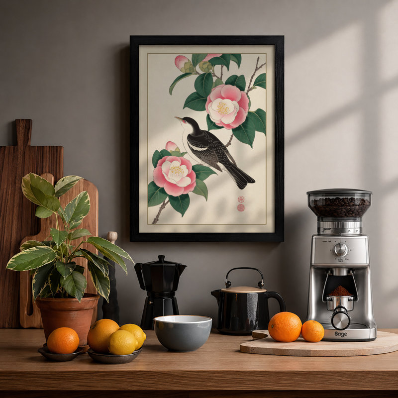 Bird Among Camellias Japandi - Framed Print, A2 - 59.4 x 42.0 cm, Black