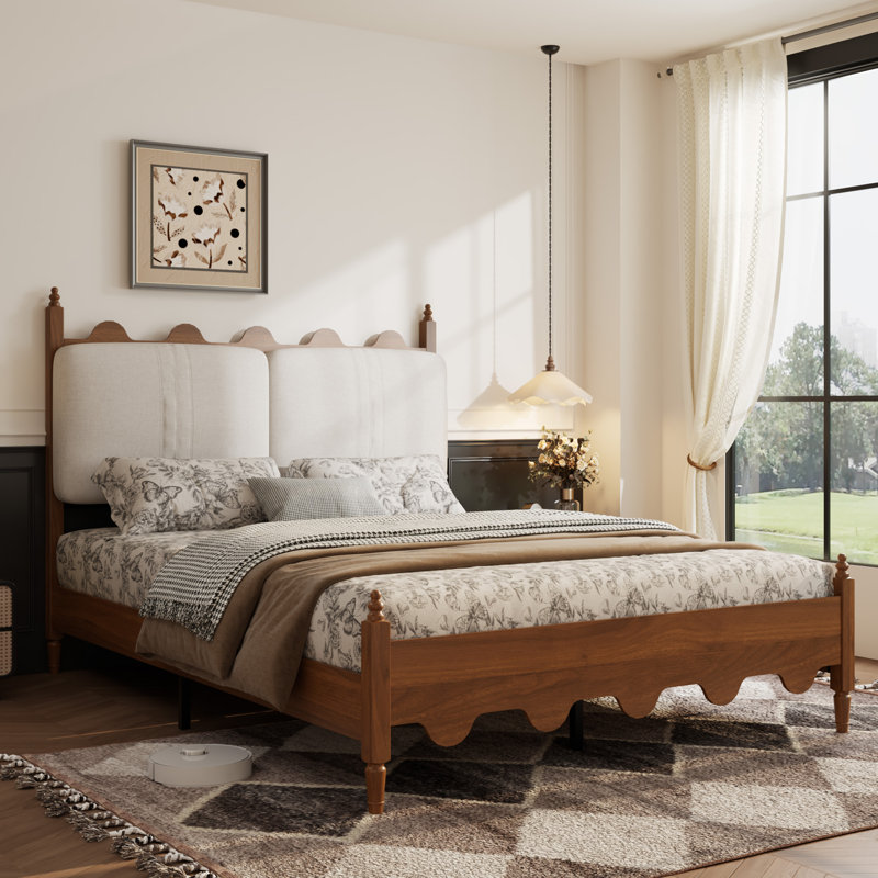 Cadre de lit capitonné Queen Size avec tête de lit festonnée, pieds en bois massif, support robuste, sans sommier, noyer