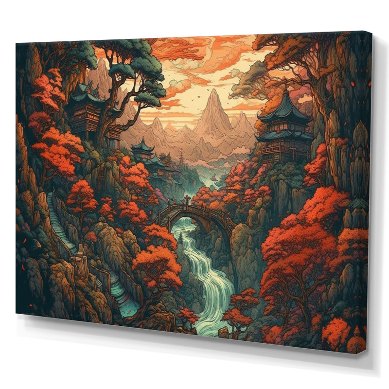 Ryilee " Cascading Japenese Maple Trees I " Print, 16" H x 32" W x 1" D, Wrapped Canvas