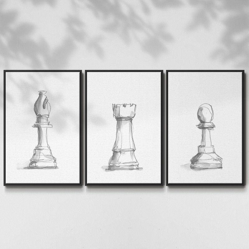 Étude de pièces d'échecs IV 3 pièces, H 36 po x l 72 po, Noir