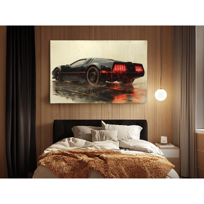 Futuristic Black DeLorean DMC-12 Canvas Print - Retro Sci-Fi Car Wall Art Watercolor Design for Home DÃ©cor - Ready-to-Hang or Rolled Options, Painting Reproduction