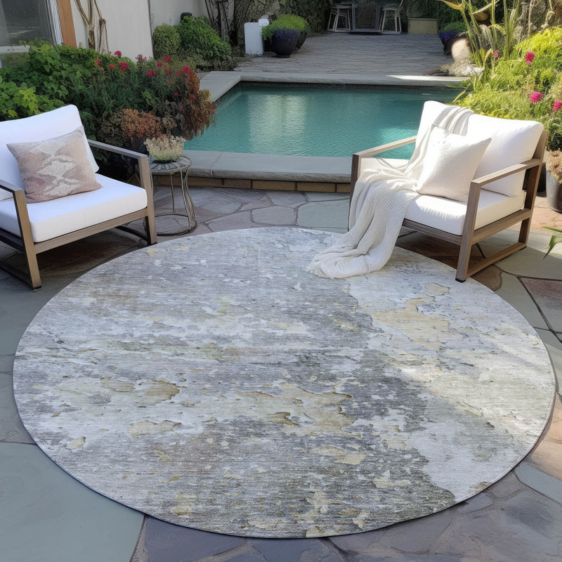 Machine Washable Indoor/Outdoor Claudian ACN1234 Gray Rug, Round 8'