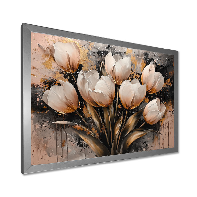 Tulipes or rose matinales I - Tulipes, art mural de salon, H 12 po x l 20 po, Avec cadre, Argent argent