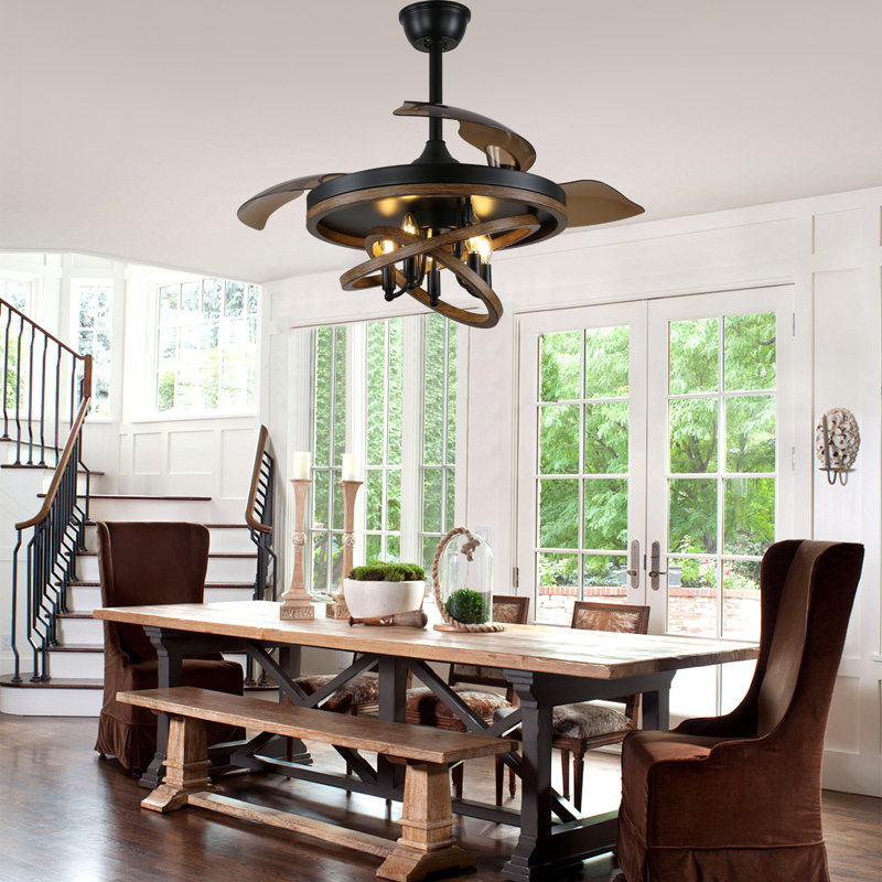 42" Brown Rustic Retractable Ceiling Fan with Light Kit and Remote DIY Shade 6-speed Reversible Motor for Bedroom