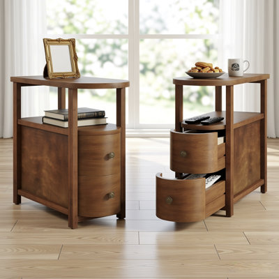Ensemble de 2 tables de bout à 2 tiroirs en bois massif, table de chevet entièrement assemblée, charme rétro chic