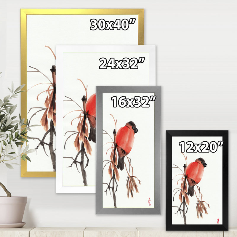 Bouvreuil rouge sur une branche - peinture sur toile, H 32 po x l 16 po x P 1,5 po, Toile blanche encadrée