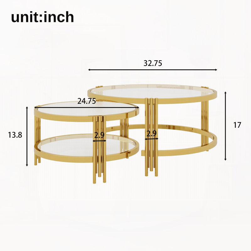 Ensemble de 2 tables basses gigognes modernes en verre texturé et fini doré, avec dessus en verre trempé, pour salon.