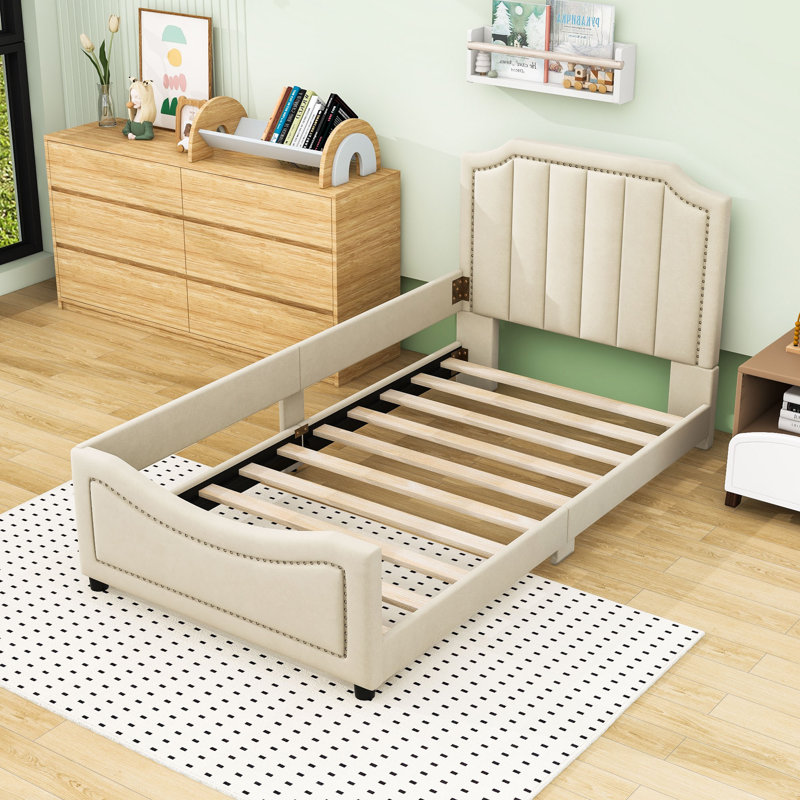 Lit plateforme simple tapissier avec tête de lit rayée, Beige