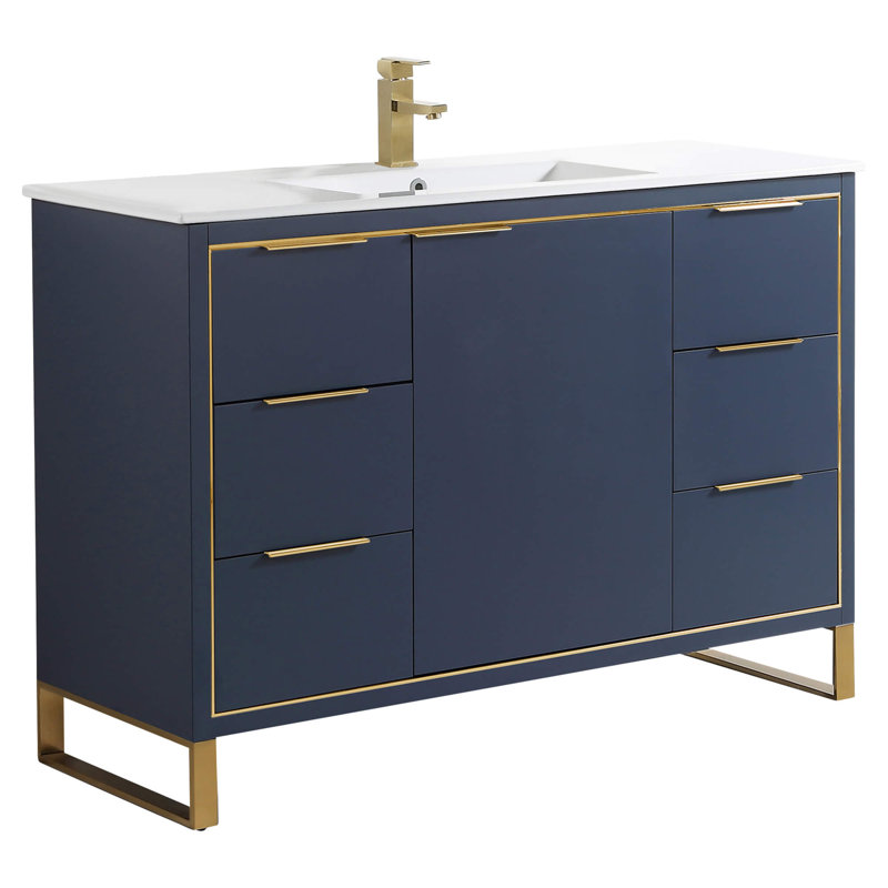 48" Single Bathroom Vanity Set, Satin Brass, Navy Blue
