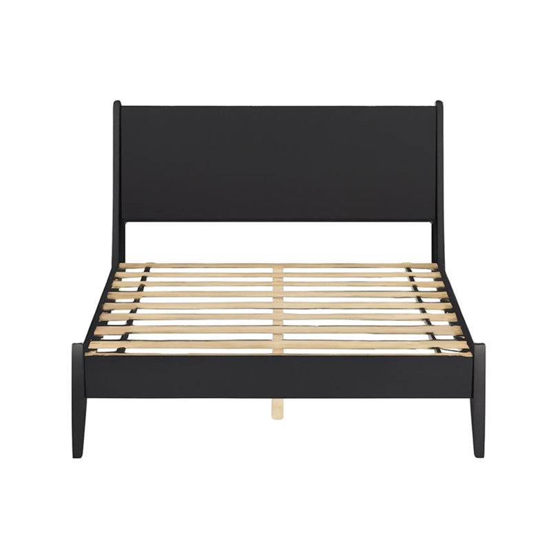 Grand lit plateforme moderne en bois noir Mid-Century avec pieds ronds fuselés, conception et ensemble de lattes pour la finition de la chambre à coucher, aucun sommier nécessaire