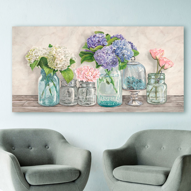 Flowers In Mason Jars by Jenny Thomlinson - Wrapped Canvas Painting, 60cm H x 120cm W x 4cm D