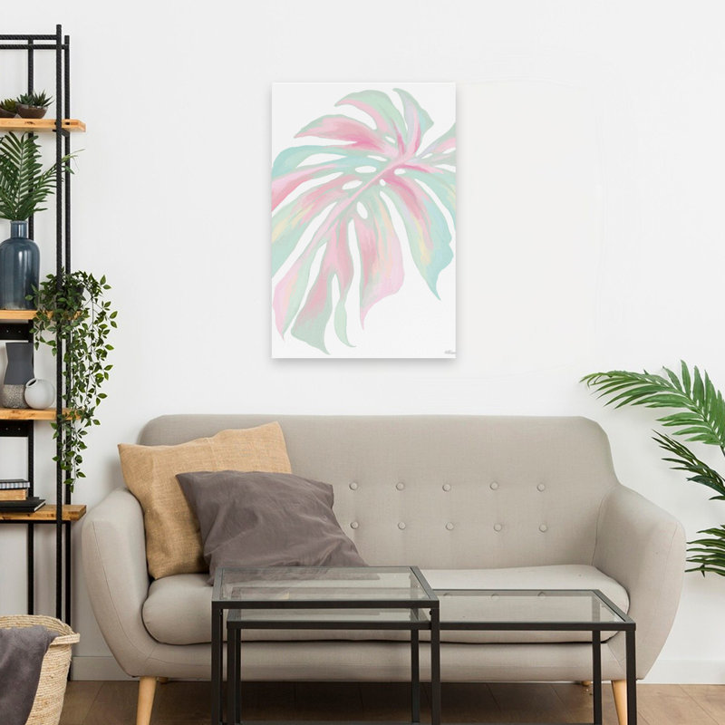 Pastel de Monstera - feuille de pastel tropical rose et vert abstrait, H 24 po x l 16 po