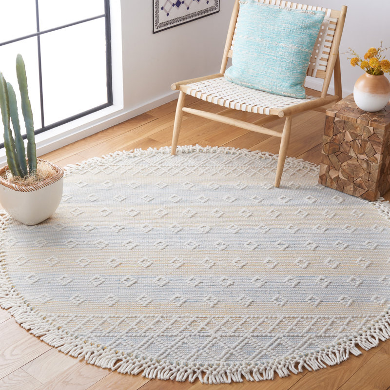 Abad Geometric Hand-Loomed Light Blue/Yellow Area Rug, Round 6'