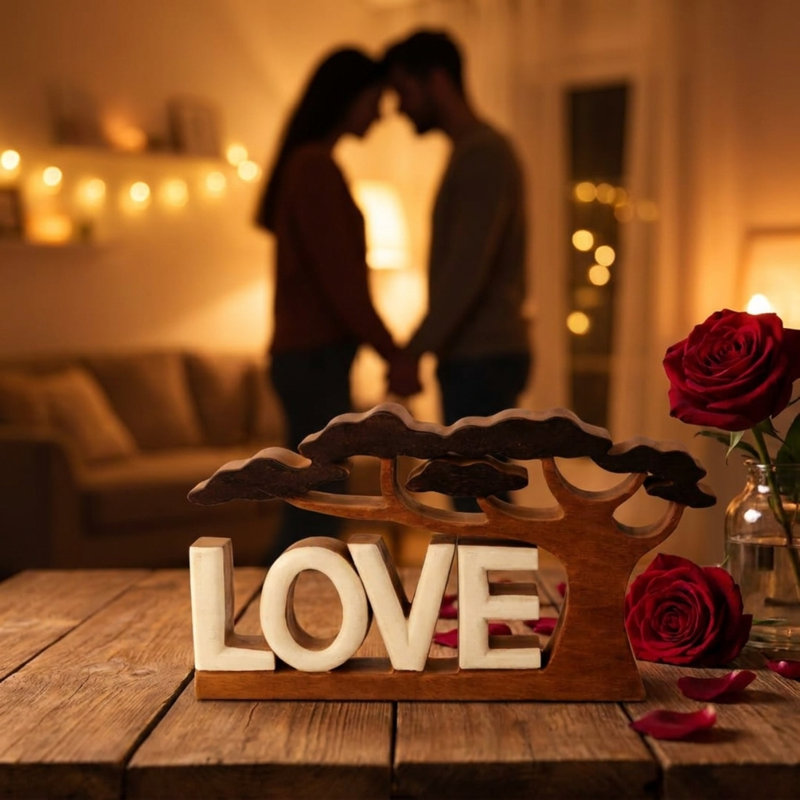 Elfgund fait à la main «LOVE» sous l'arbre, sculpture en bois symbole de l'harmonie, décoration de la Saint-Valentin pour la maison
