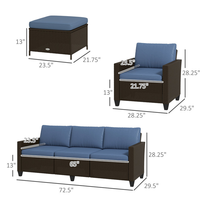 Ardarius Outsunny 5 Piece Patio Furniture Set with Cushions, Outdoor Conversation Set with Rattan 3-Seater Sofa, Chairs & Footstools for Backyard, Lawn and Pool, Mixed Gray