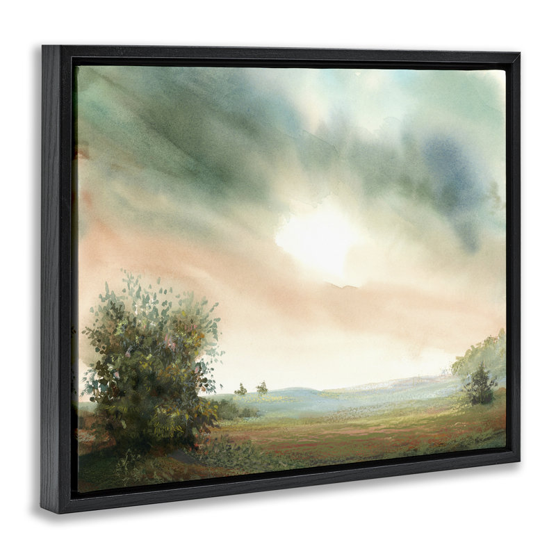 Lever de soleil sur un cadre flottant champ pastoral, design par Ashley Davis, Cadre flottant noir de jais, H 17 po x l 21 po