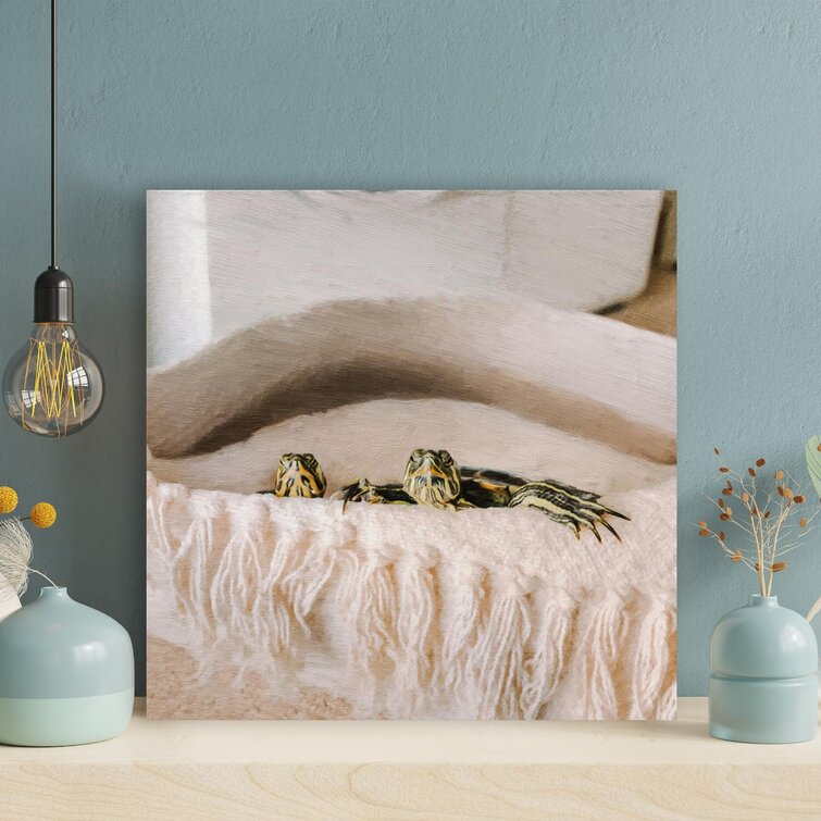 " Two Gold And Black Turtles On White Bed - 1 Piece Square Graphic Art Print On Wrapped Canvas " Painting Print on Canvas