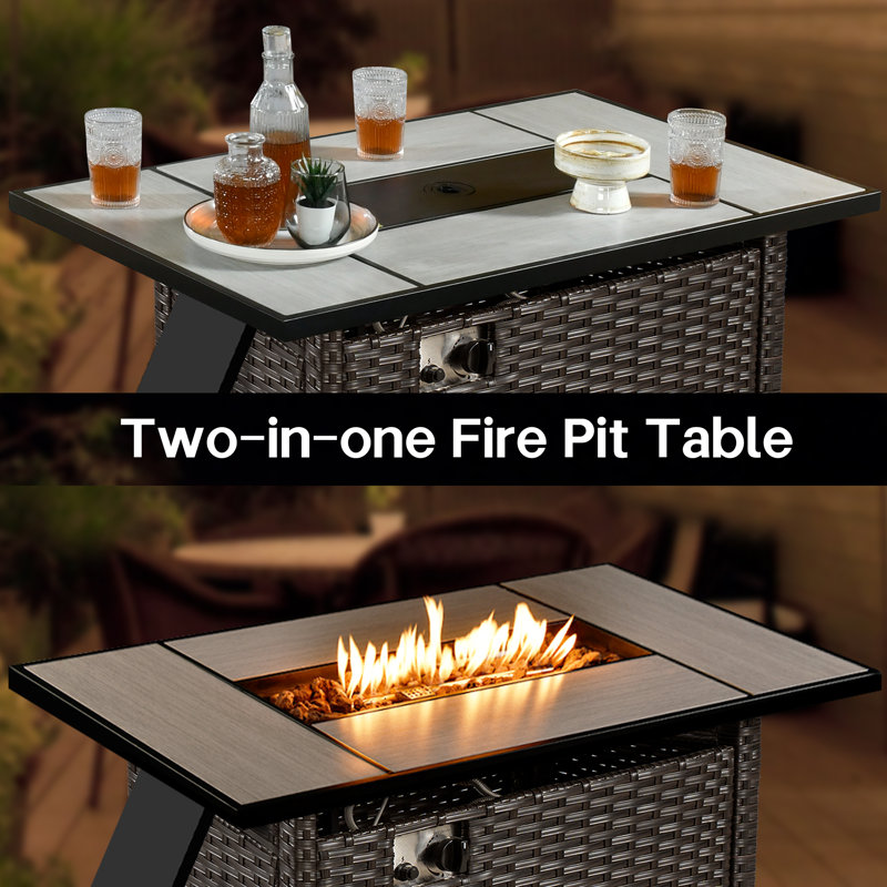 7-Person Outdoor High Back Seating Group With Cushions And Fire Pit,All-Weather Wicker Patio Set, Coffee, Navy