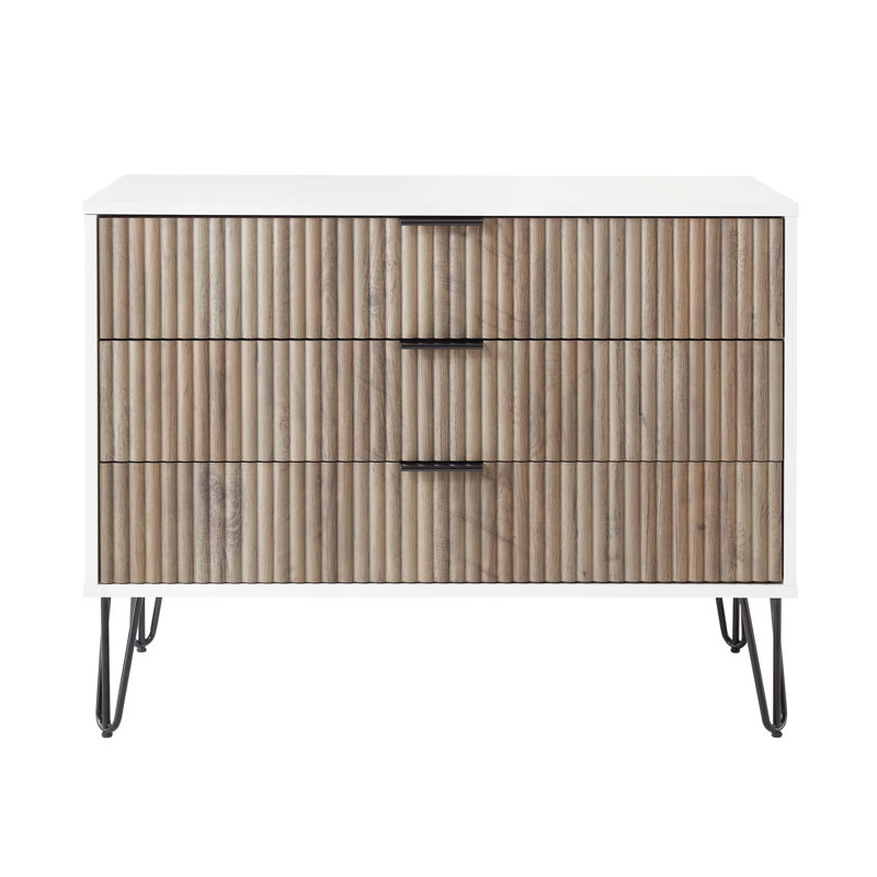 Dumbo 35" Modern Fluted Standard Dresser with 3 Drawers in Rustic Gray and White, White/Gray