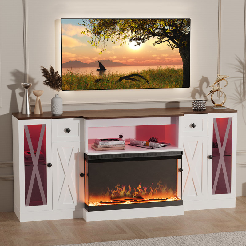 70" Farmhouse Tv Stand With 30" 3-sided Electric Fireplace, Led Lighting & Glass Door Storage