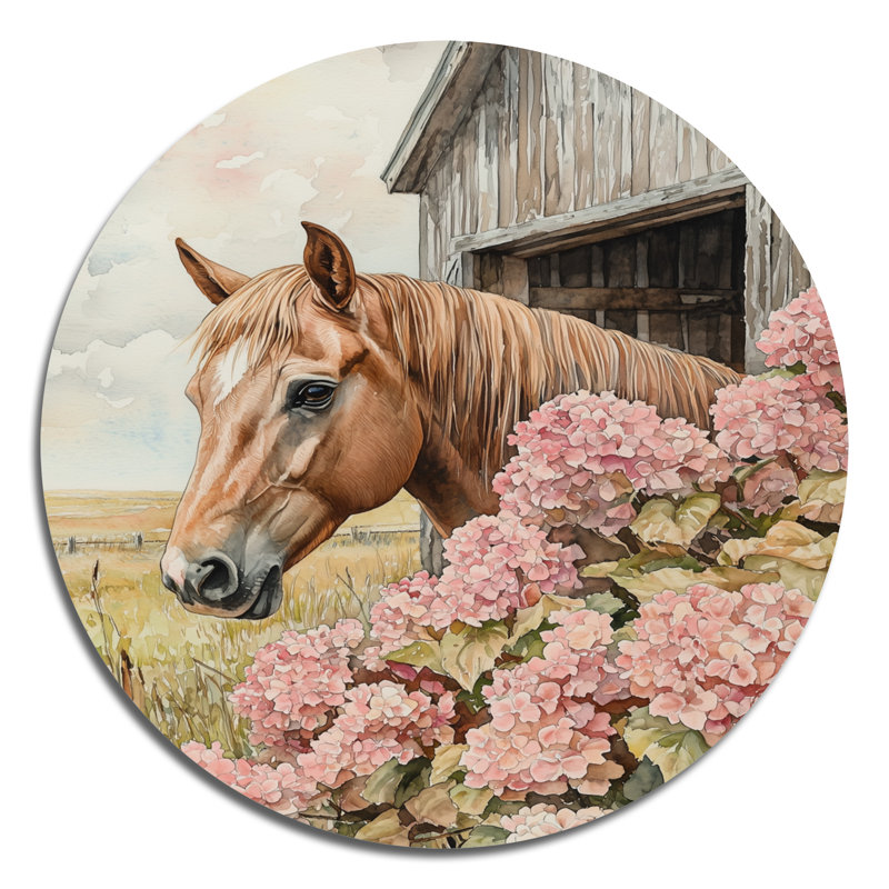 Hortensias et chevaux par la grange I - hydrangées, art mural rond en métal, H 29 po x l 29 po