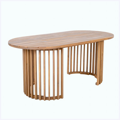 Table de salle à manger d'extérieur ovale en bois d'acacia massif au fini teck clair, pieds à lattes verticales, capacité de poids de 500 lb, grande table de patio pour la cour du jardin