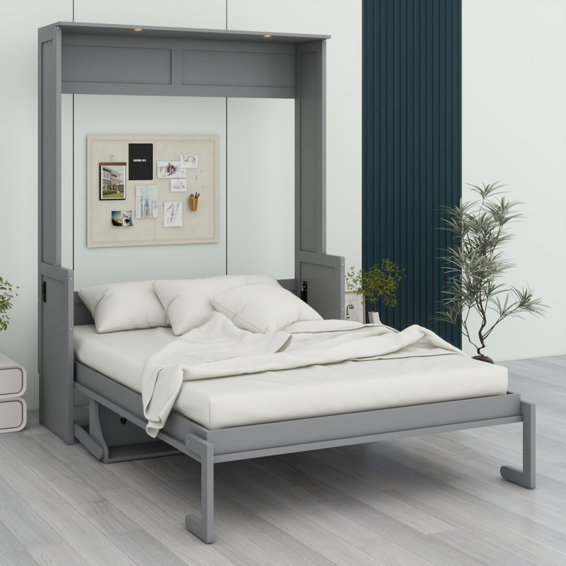Grand lit escamotable avec bureau, DEL et USB, Gris