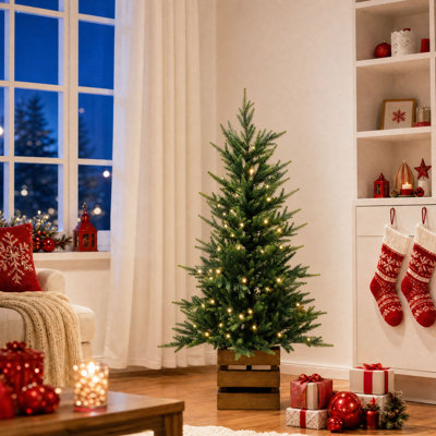 4 Ft Pre-Lit Potted Artificial Christmas Tree with Wooden Planter, 100 Warm White LED Lights & Timer
