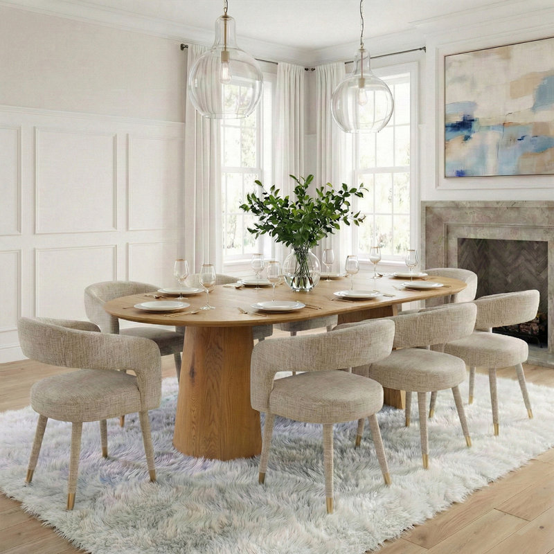 46"-83" Modern Extendable Pedestal Dining Table Set With Upholstered Open-Back Chairs, Round To Oval Kitchen Dining Set For 4-8