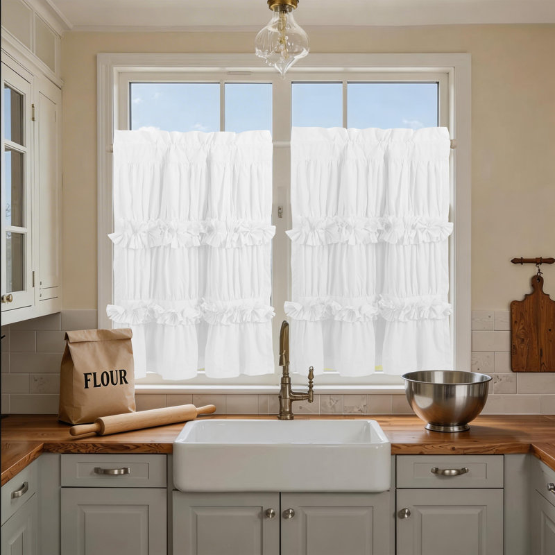 Paquet de 2 rideaux de cuisine Ruffle, Blanc, L 30 po x L 36 po