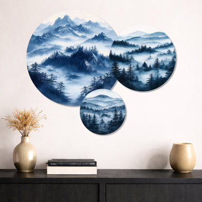 «Blue Fading Morning Light Forest Landscape II», art mural en métal 3 pièces