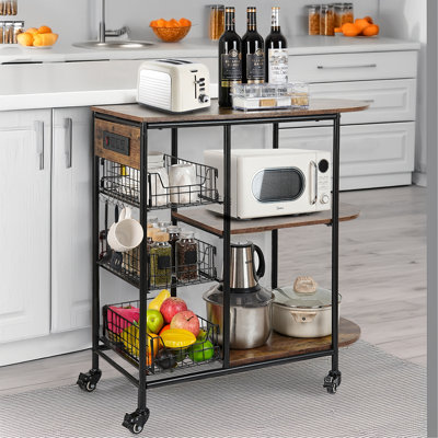Kitchen Bakers Rack With Power Outlet, Microwave Stand With 3 Pull-out Fruit Basket Storage, Coffee Bar Carts Table On 4 Wheels, 6 S-hook Storage Shel by 17 Stories