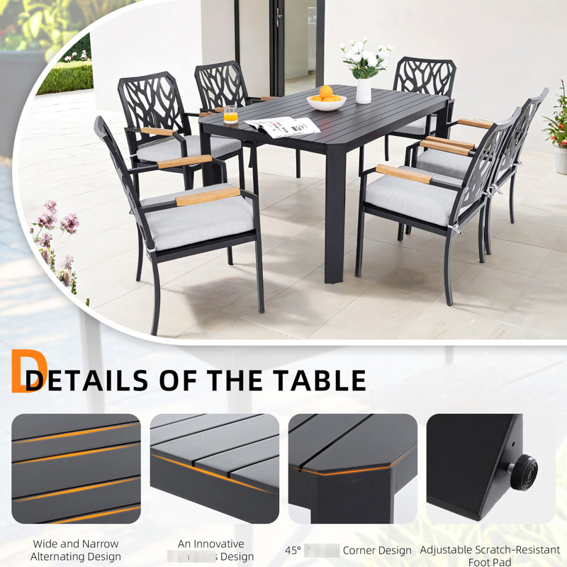 Table de patio et chaise d'extérieur - 7 chaises en aluminium, coussins, meubles en aluminium en forme de branche, 6 chaises