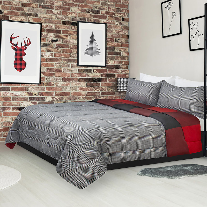 Ensemble d'édredon Buffalo, À damier, Rouge/gris, Édredon simple + 1 Taie décorative