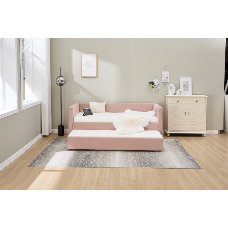 Modern Wooden Daybed with Storage Drawers, USB Ports, and Pushable Top Shelf for Bedroom or Living Room Use., Pink