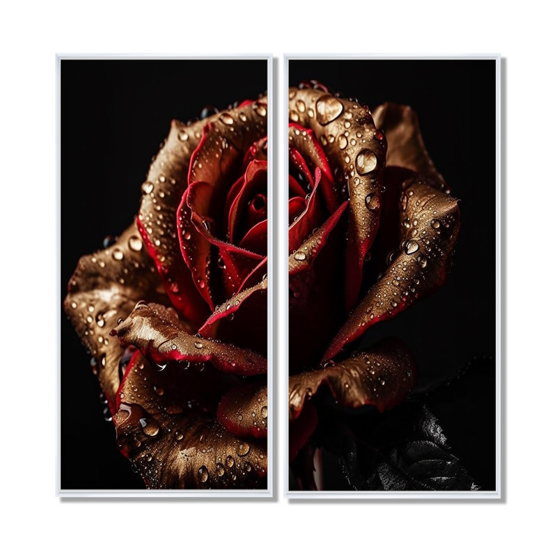 «Morning Dew On Exquiste Red Rose», art mural rouge, 40" H x 40" W, Impression encadrée flottante, White