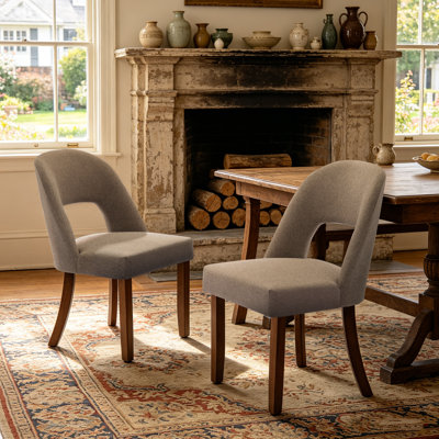 Linen Upholstered Dining Chairs with Curved High Back and Solid Wood Legs