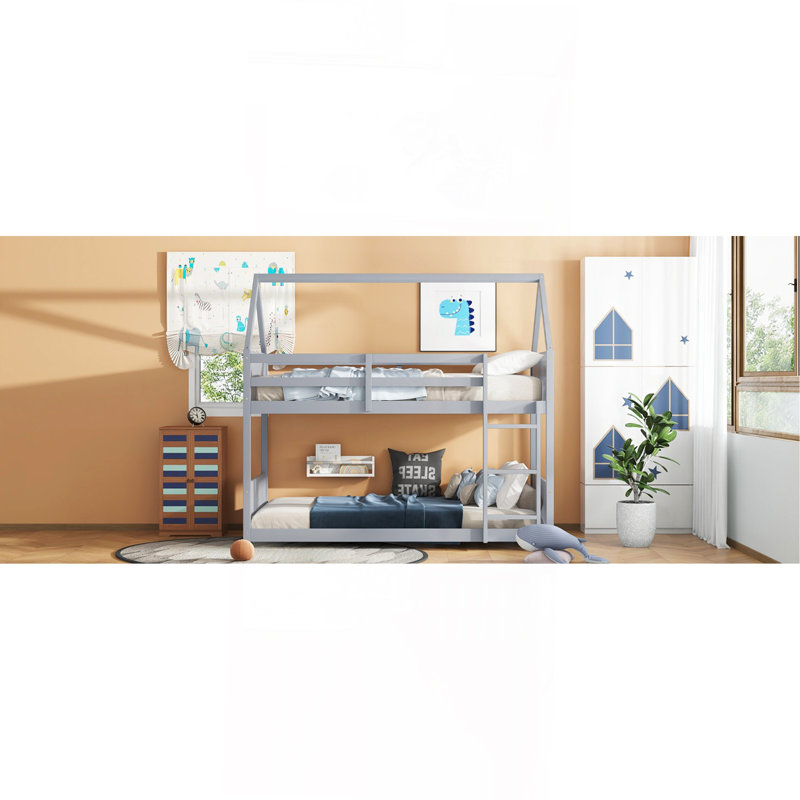 Twin Over Twin House Floor Bunk Bed With Headboards, Footboards And Guardrails, Ladder, Rubber Wood Bunk Bed With Safety Guardrails,Grey