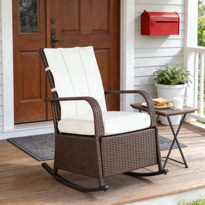 Outdoor Rocking Rattan Recliner with Adjustable Footrest and Cushions, 352lbs Capacity, Gray, White