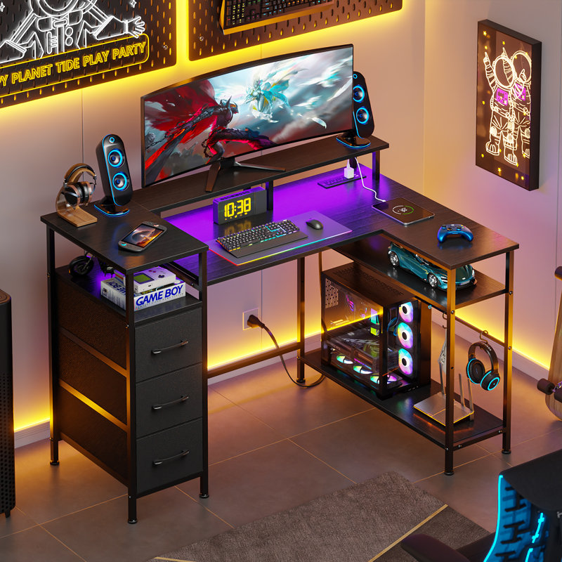 L-Shaped Computer Desk With Led Lights And Power Outlets, Gaming Desk With Monitor Stand,Home Office Writing Desk With Storage Shelves And 3 Fabric Cabinet