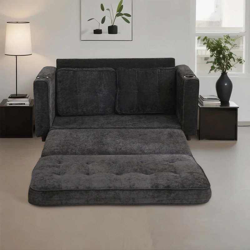 Élégant canapé-lit pliable avec porte-gobelets et rangement latéral, Noir