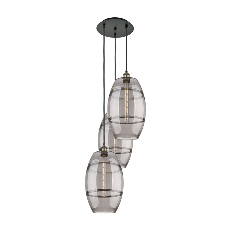 Luminaire suspendu rond / ovale 3 lumières Dundrod, H 56,25 po x l 16,5 po x P 16,5 po, Gris fumée clair, Laiton antique noir