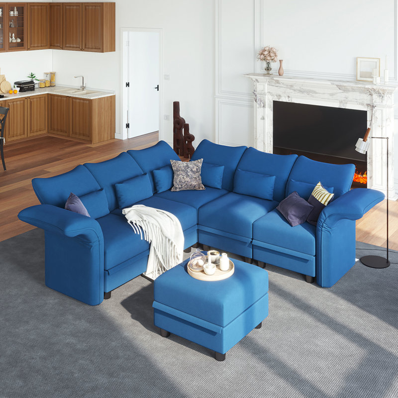 Ahren Velvet Reclining L-Shaped Sectional Reversible, Blue Velvet