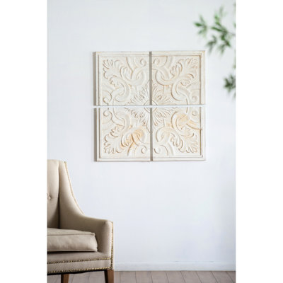 17.5X17.5" Distressed Wooden Panels, 100% Fir Wood, Intricate Feature For Versatile Interior Styles Wood Square Wall 17.5X17.5", Distressed, White-Wash Finish, Medallion Different Interiors