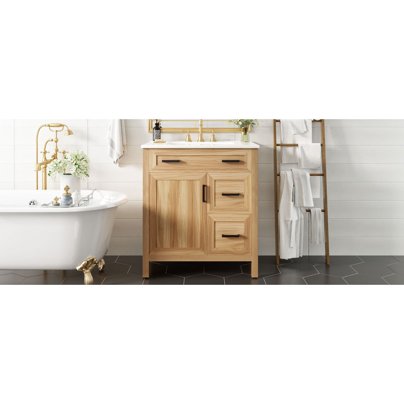 Meuble-lavabo de 30 po en bois avec cadre en bois massif, 1 porte à fermeture douce, 2 tiroirs à fermeture douce, tablette réglable, armoire de rangement moderne