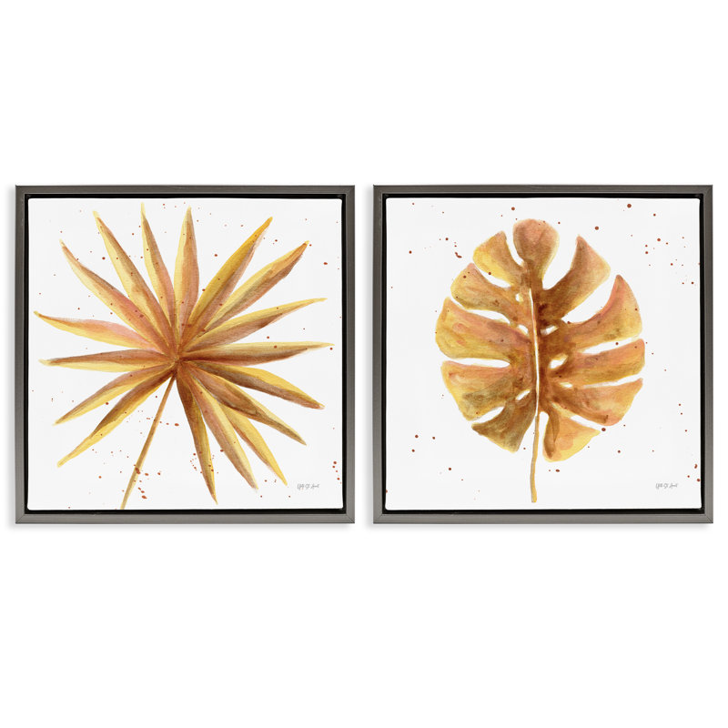 Golden Palm Monstera Leaves, ensemble de 2 toiles flottantes encadrées par Yvette St. Amant, Cadre flottant gris lustré