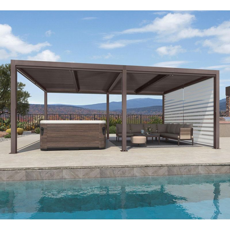 Pergola d'extérieur en aluminium mauve à persienne mauve à toit fixe avec mur à volets fixes pour abri de jardin à toit rigide gris, 1 côté court