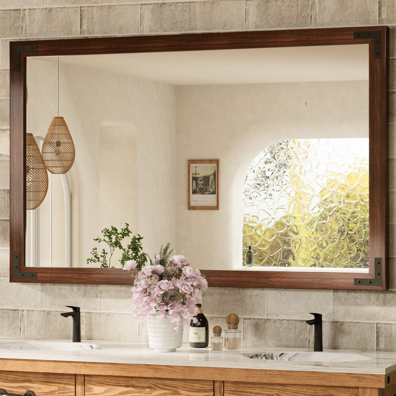 Gwenneth Rectangle Wood Mirror for Bathroom, Solid Pine Wood, Brown, 48" x 30"