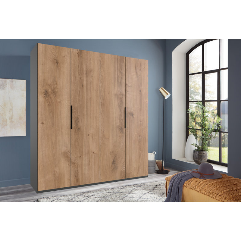Guardino 4 Door Wardrobe, 236cm H x 200cm W x 58cm D, Graphite/Plank Oak