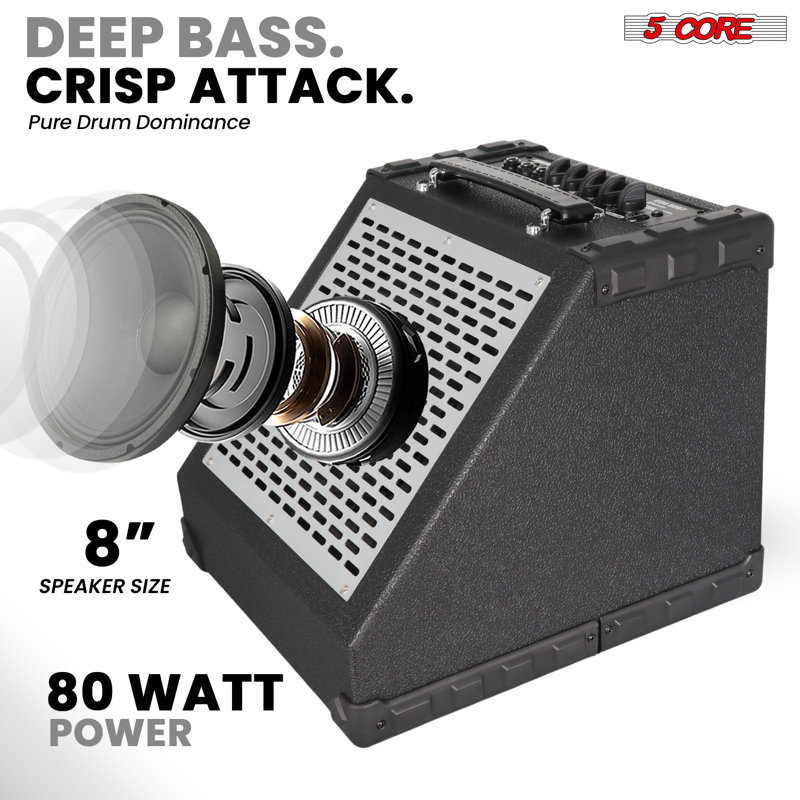 5 Core Electric Drum Amplifier 80W Professional Bluetooth Drumming Amp w 8” Speaker w 3 Band EQ